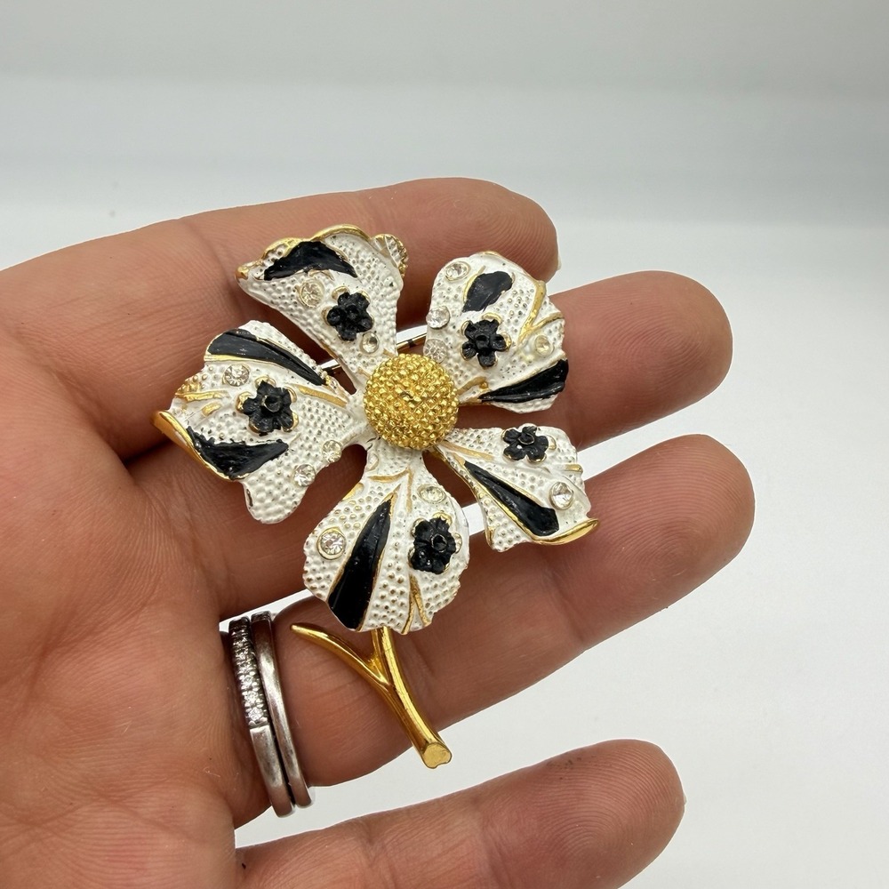 Vintage Enamel Flower Pin Brooch BSK Signed Rhinestone Large Designer Retro